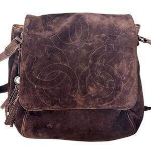 VTG 90s Chanel Triple CC Messenger Bag Brown Suede Boho Nature Neutral Luxury